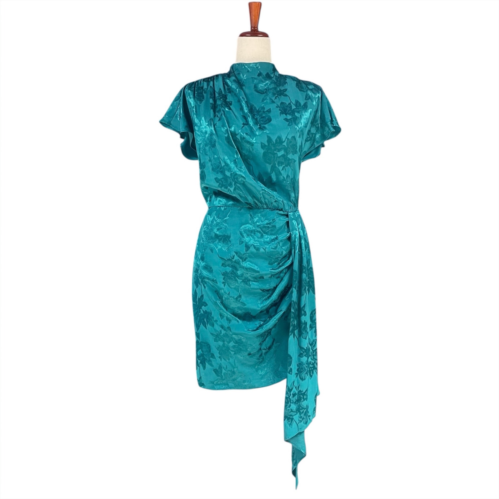 Saylor Cindylou Draped Satin Floral Jacquard Cocktail Dress In Deep Teal Size M